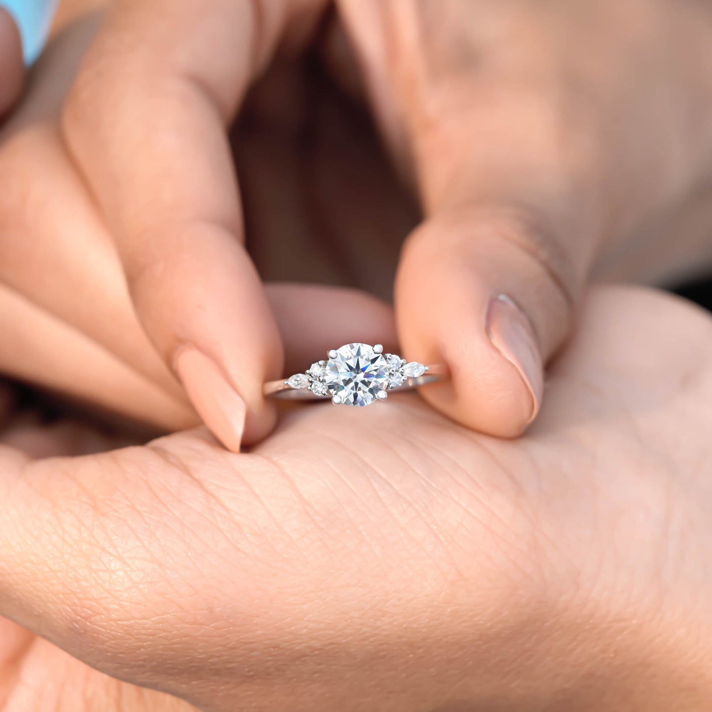1 Carat Center Round, Marquise cut, Moissanite Diamond Engagement Ring