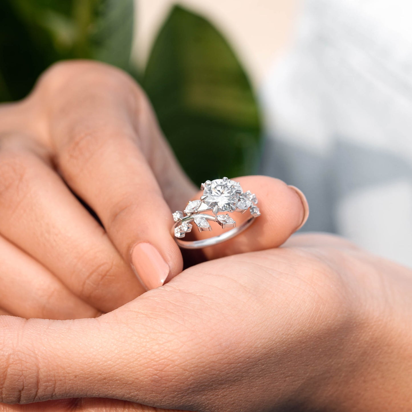 1.5 Carat Center Round, Marquise Cut Moissanite Diamond Engagement Ring