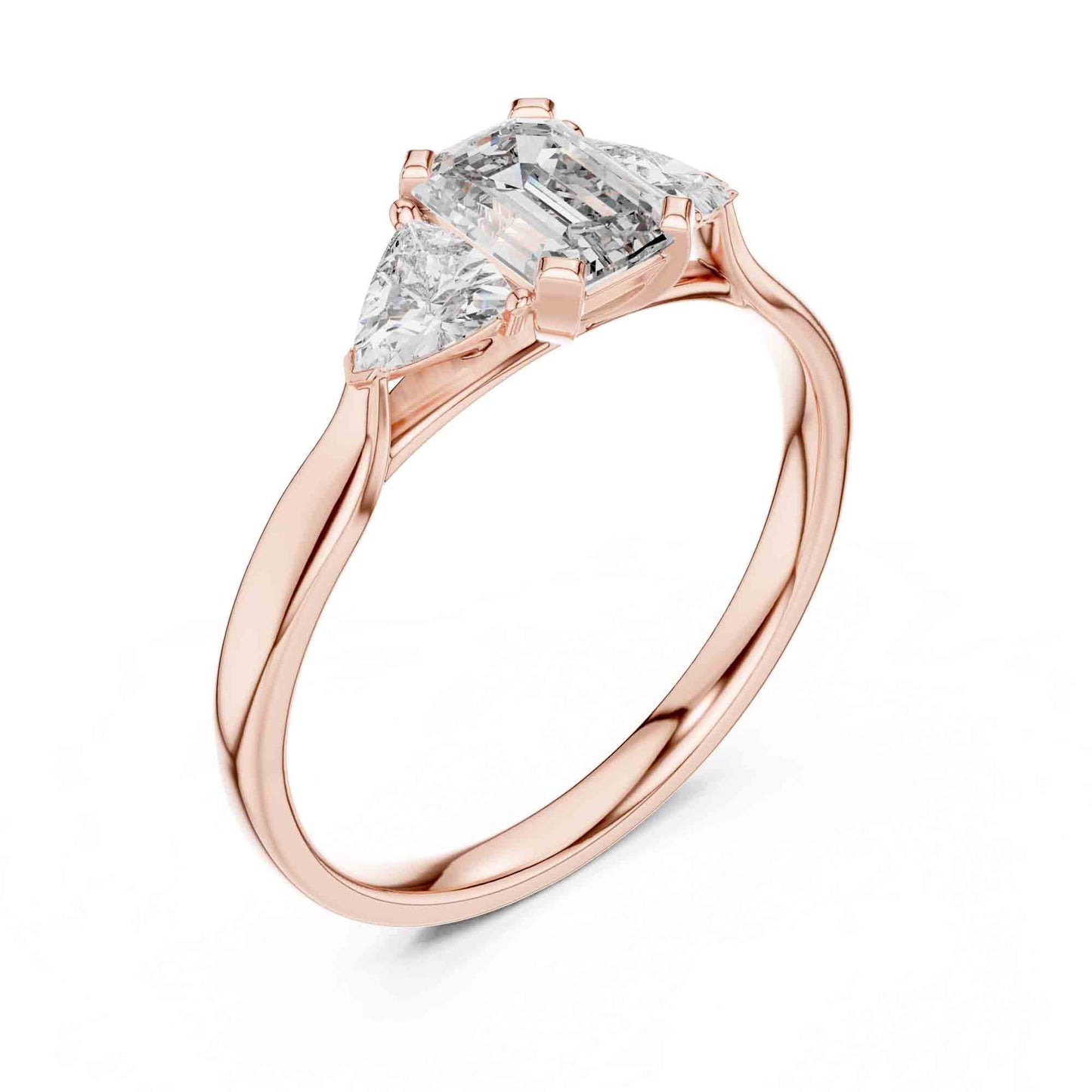 1 Carat Emerald Cut Three Stone Engagement Ring, Trillion Side Lab Grown Diamonds