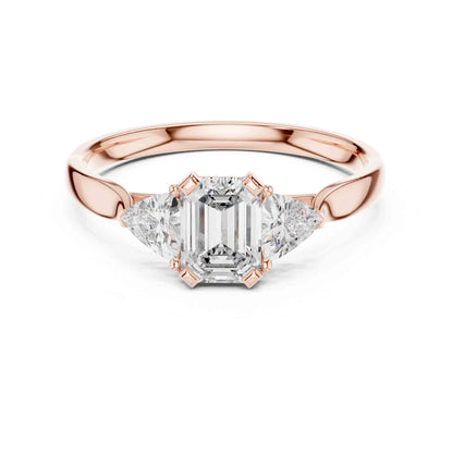 1 Carat Emerald Cut Three Stone Engagement Ring, Trillion Side Lab Grown Diamonds