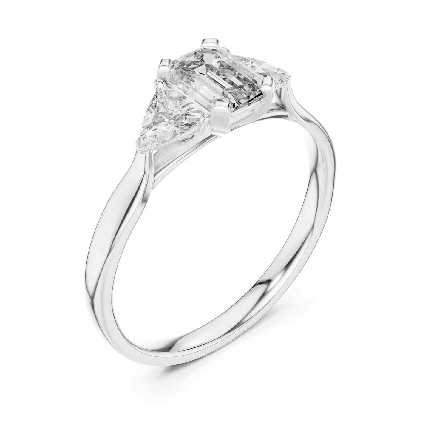 1 Carat Emerald Cut Three Stone Engagement Ring, Trillion Side Lab Grown Diamonds