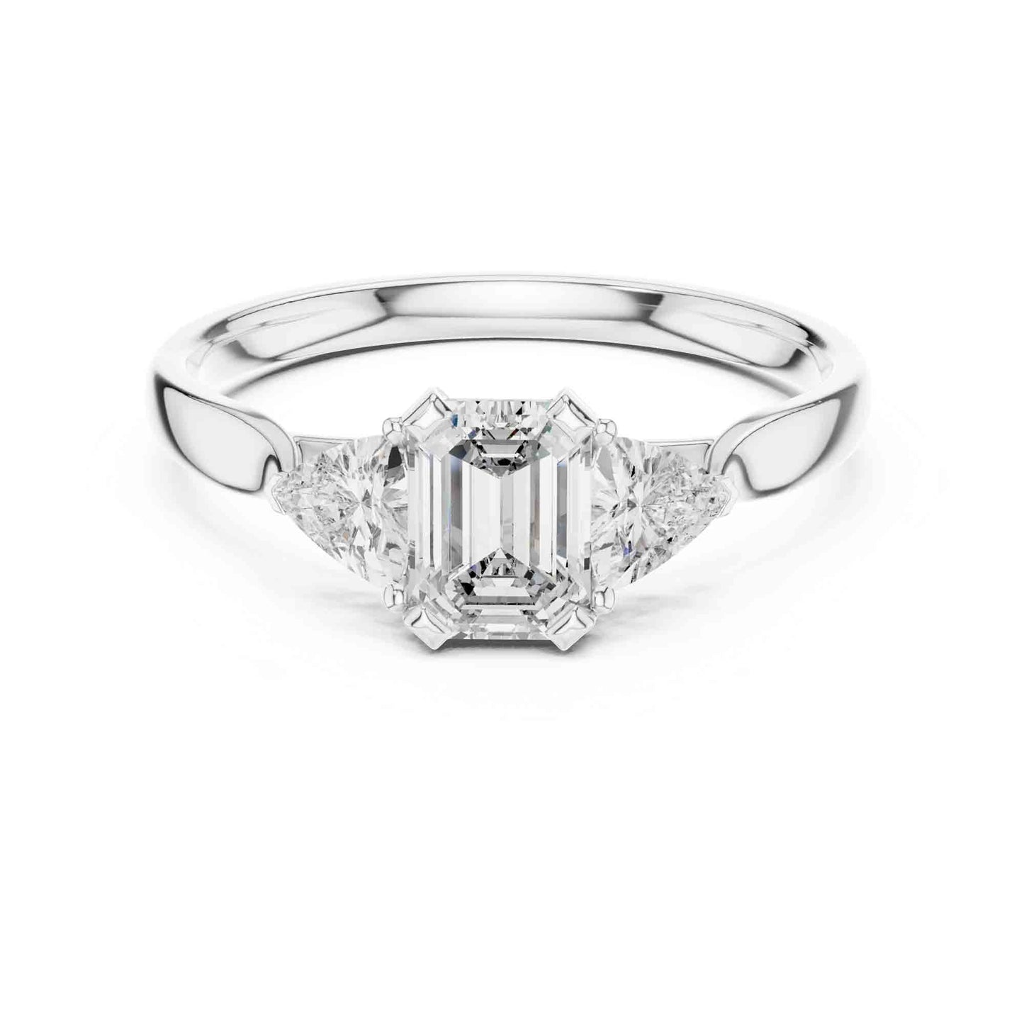 1 Carat Emerald Cut Three Stone Engagement Ring, Trillion Side Lab Grown Diamonds