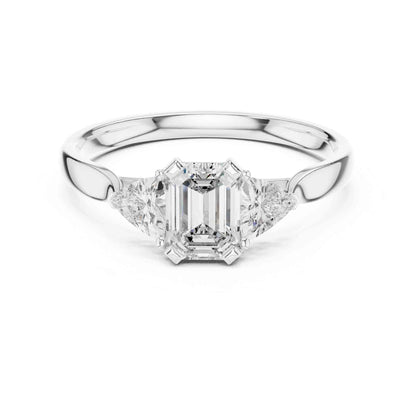 1 Carat Emerald Cut Three Stone Engagement Ring, Trillion Side Lab Grown Diamonds