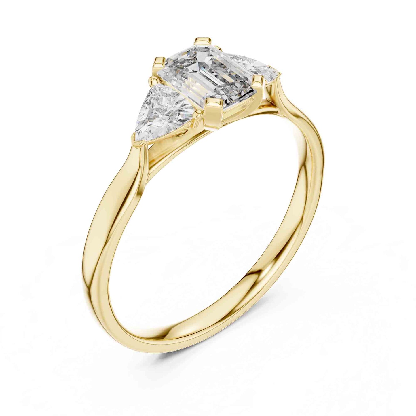 1 Carat Emerald Cut Three Stone Engagement Ring, Trillion Side Lab Grown Diamonds