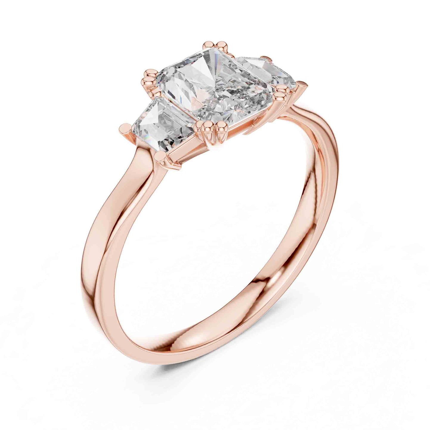 1 Carat Radiant Cut Lab Grown Diamond Three Stone Engagement Ring, Trapezoid Side Diamonds