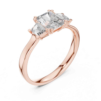 1 Carat Radiant Cut Lab Grown Diamond Three Stone Engagement Ring, Trapezoid Side Diamonds