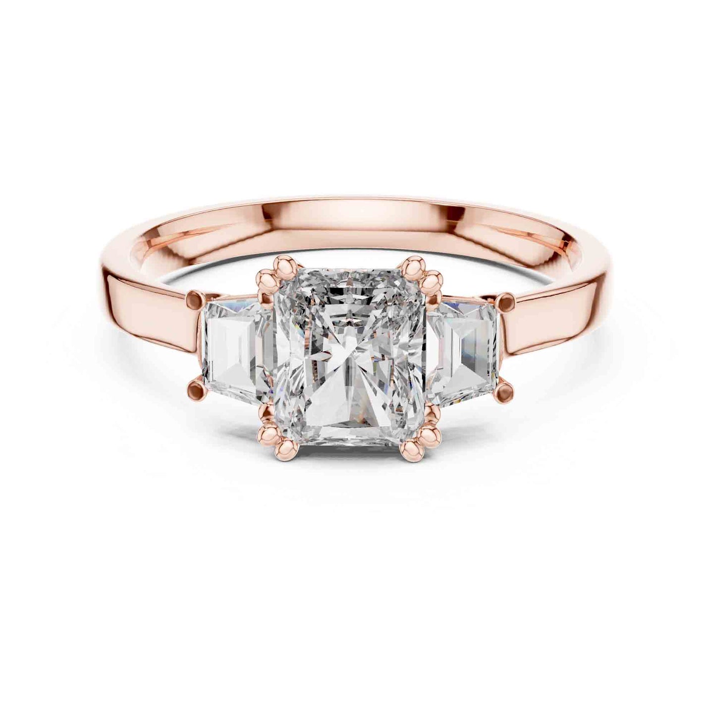 1 Carat Radiant Cut Lab Grown Diamond Three Stone Engagement Ring, Trapezoid Side Diamonds