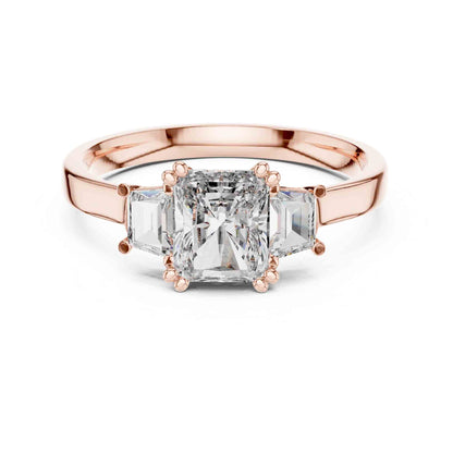 1 Carat Radiant Cut Lab Grown Diamond Three Stone Engagement Ring, Trapezoid Side Diamonds