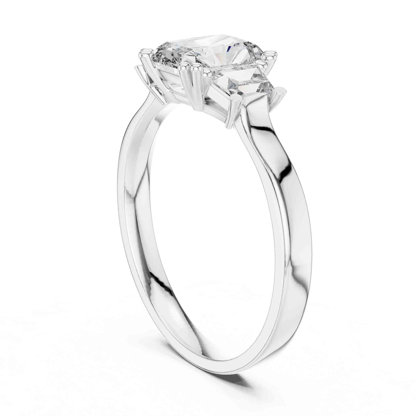 1 Carat Radiant Cut Lab Grown Diamond Three Stone Engagement Ring, Trapezoid Side Diamonds