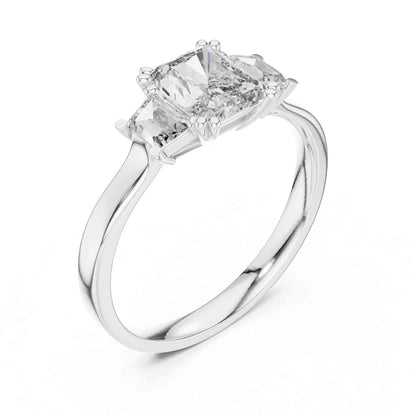 1 Carat Radiant Cut Lab Grown Diamond Three Stone Engagement Ring, Trapezoid Side Diamonds