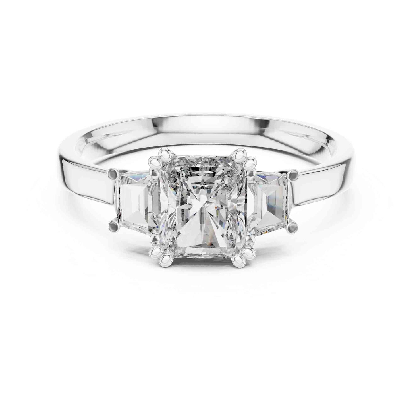 1 Carat Radiant Cut Lab Grown Diamond Three Stone Engagement Ring, Trapezoid Side Diamonds