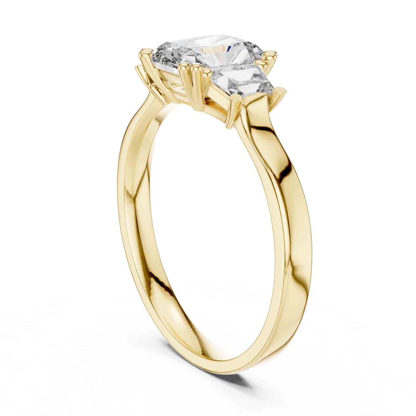 1 Carat Radiant Cut Lab Grown Diamond Three Stone Engagement Ring, Trapezoid Side Diamonds