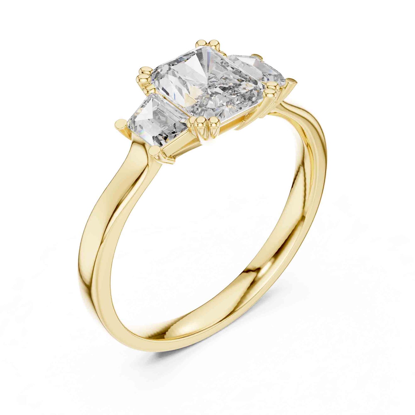 1 Carat Radiant Cut Lab Grown Diamond Three Stone Engagement Ring, Trapezoid Side Diamonds