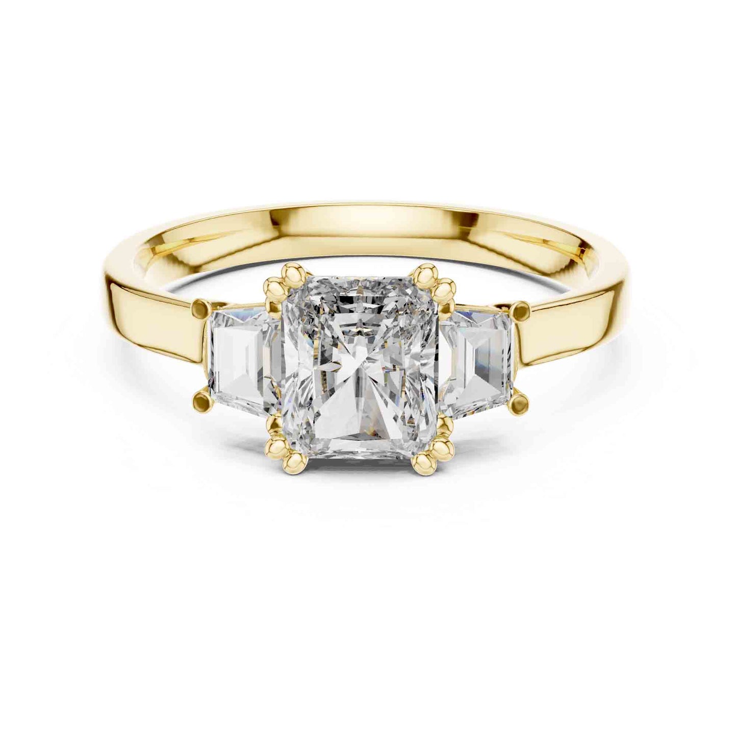 1 Carat Radiant Cut Lab Grown Diamond Three Stone Engagement Ring, Trapezoid Side Diamonds