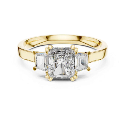 1 Carat Radiant Cut Lab Grown Diamond Three Stone Engagement Ring, Trapezoid Side Diamonds