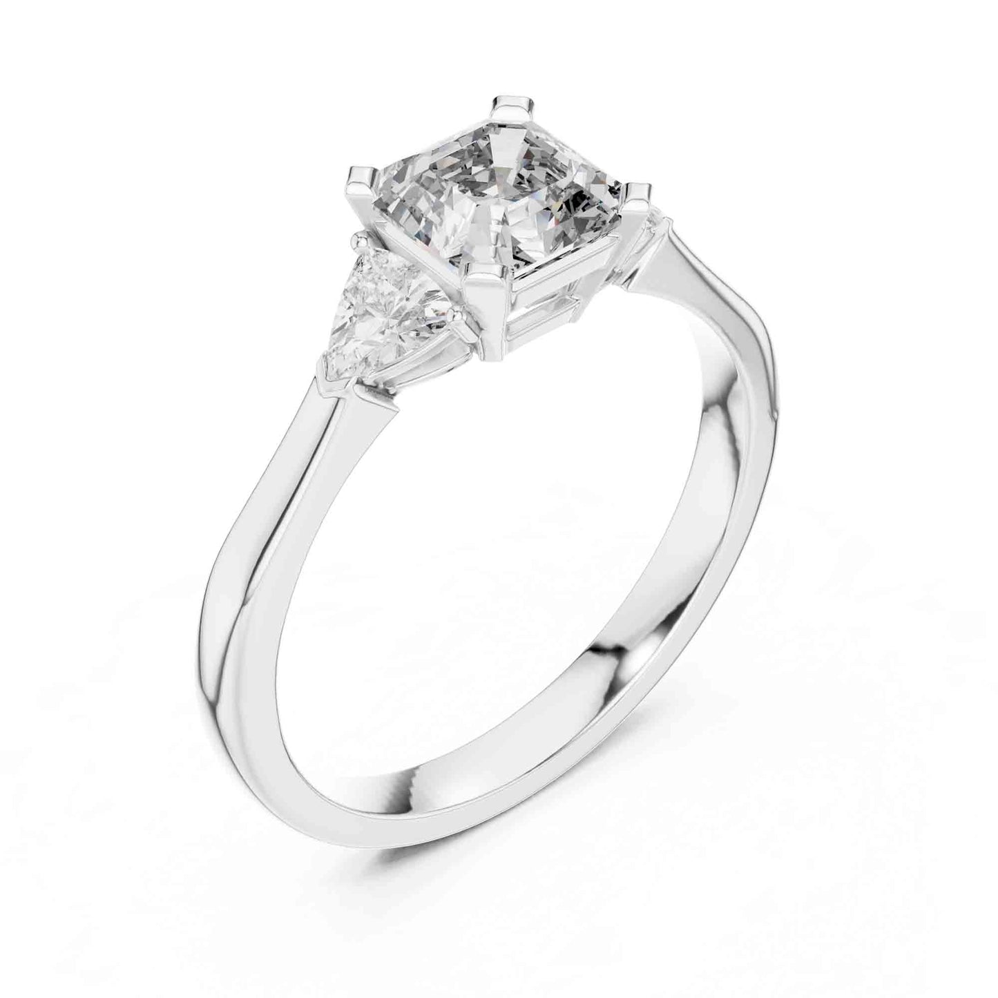 1 Carat Asscher Cut Lab Grown Diamond Three Stone Engagement Ring with Trillion Side Stones