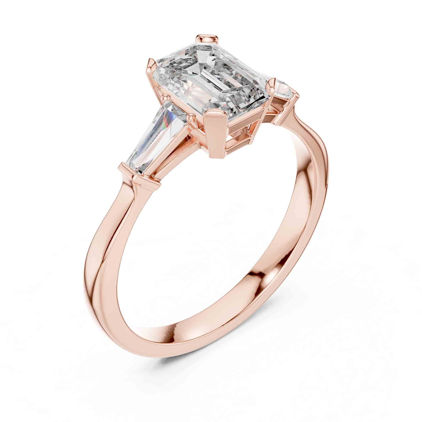 1 Carat Emerald Cut Three Stone Lab Grown Diamond Engagement Ring with Trillion Side Diamonds