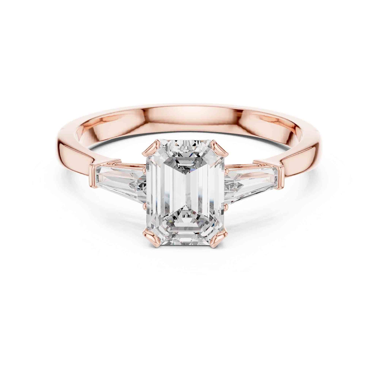 1 Carat Emerald Cut Three Stone Lab Grown Diamond Engagement Ring with Trillion Side Diamonds