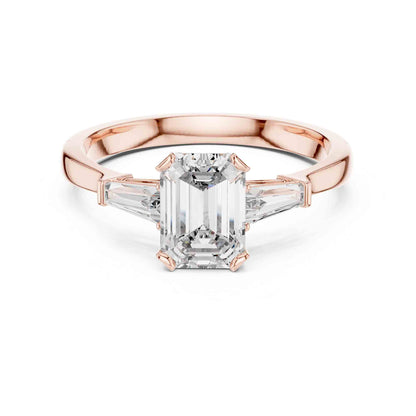 1 Carat Emerald Cut Three Stone Lab Grown Diamond Engagement Ring with Trillion Side Diamonds