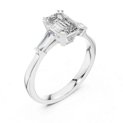 1 Carat Emerald Cut Three Stone Lab Grown Diamond Engagement Ring with Trillion Side Diamonds