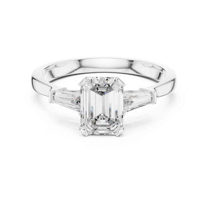 1 Carat Emerald Cut Three Stone Lab Grown Diamond Engagement Ring with Trillion Side Diamonds