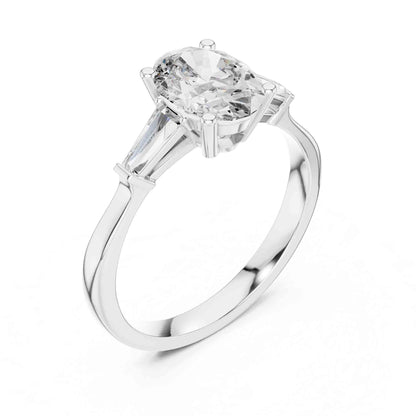 1 Carat Oval Cut Solitaire with Tapered Baguette Three Stone Lab Grown Diamond Ring
