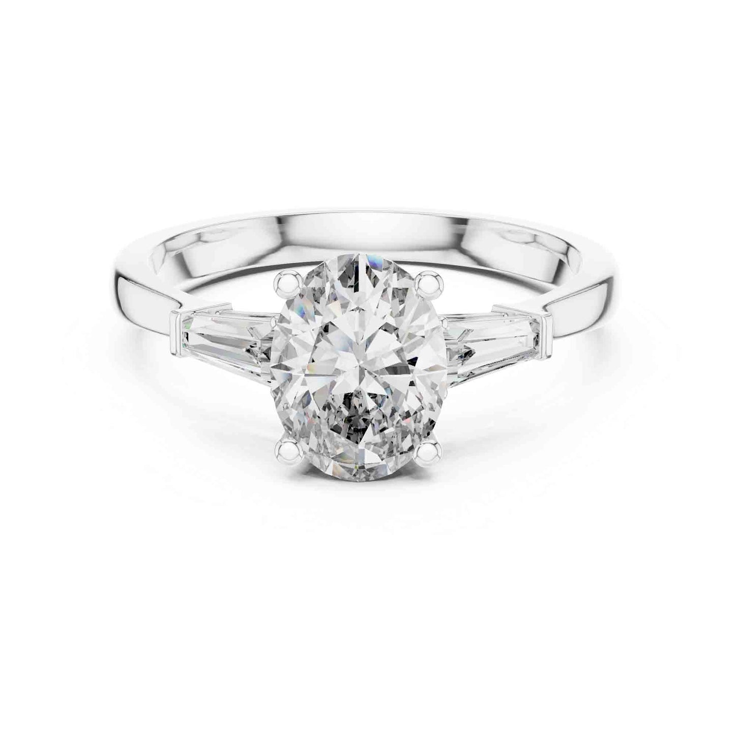 1 Carat Oval Cut Solitaire with Tapered Baguette Three Stone Lab Grown Diamond Ring