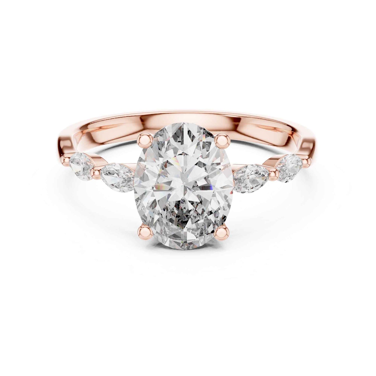 1 Carat Oval Lab Grown Diamond Engagement Ring with Marquise Side Stones