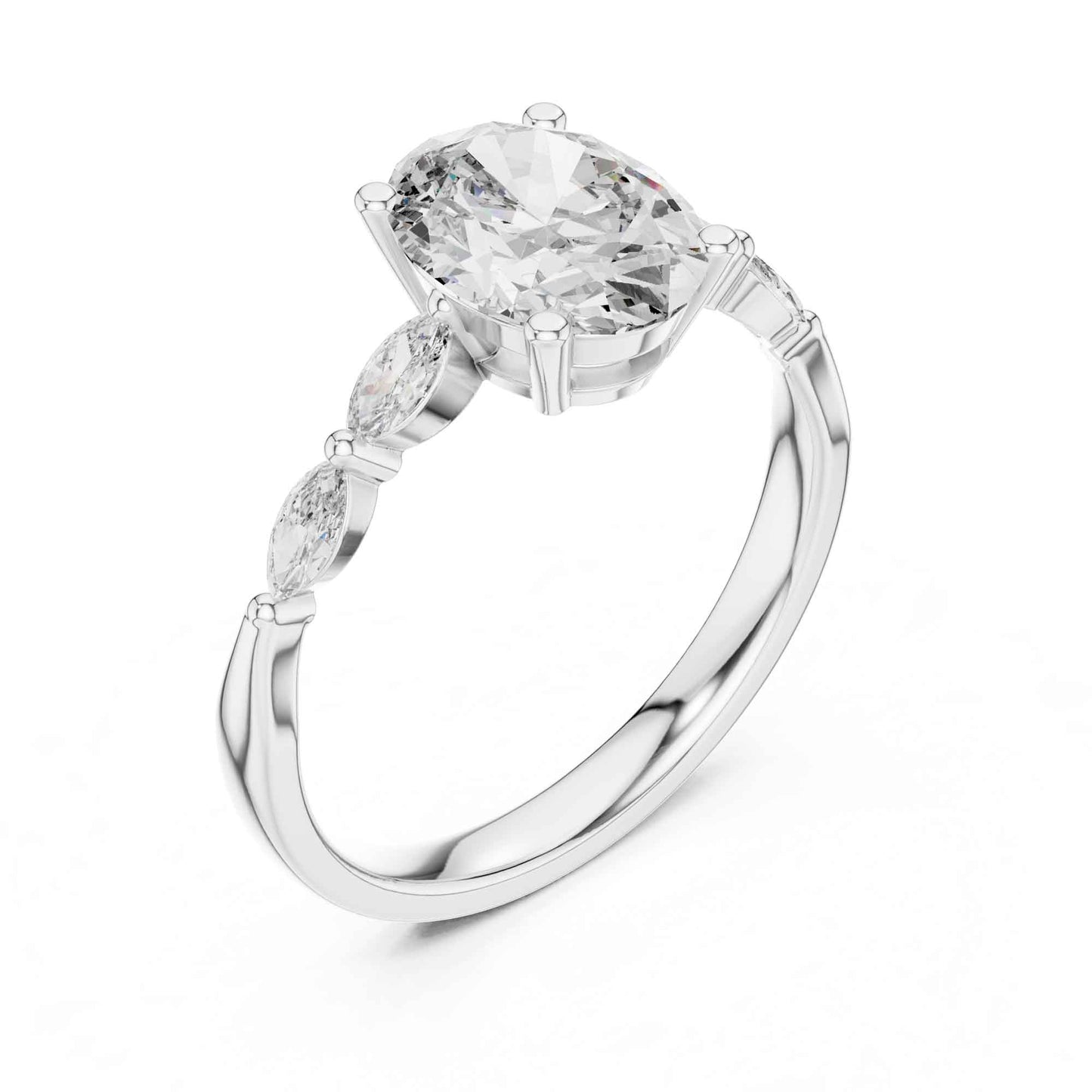 1 Carat Oval Lab Grown Diamond Engagement Ring with Marquise Side Stones