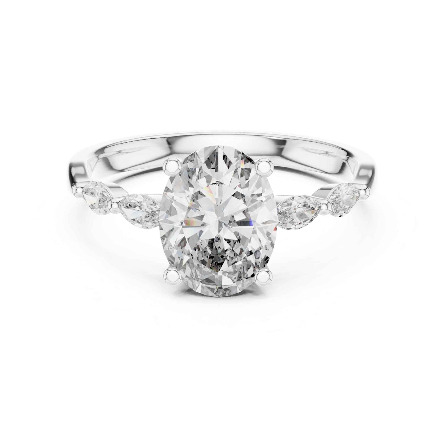 1 Carat Oval Lab Grown Diamond Engagement Ring with Marquise Side Stones