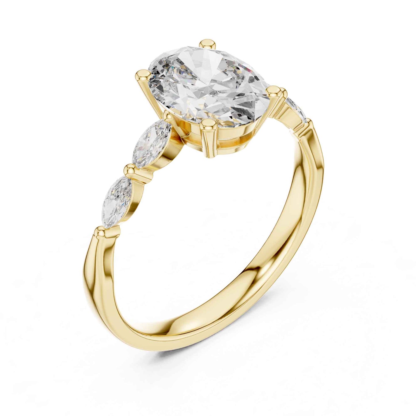 1 Carat Oval Lab Grown Diamond Engagement Ring with Marquise Side Stones