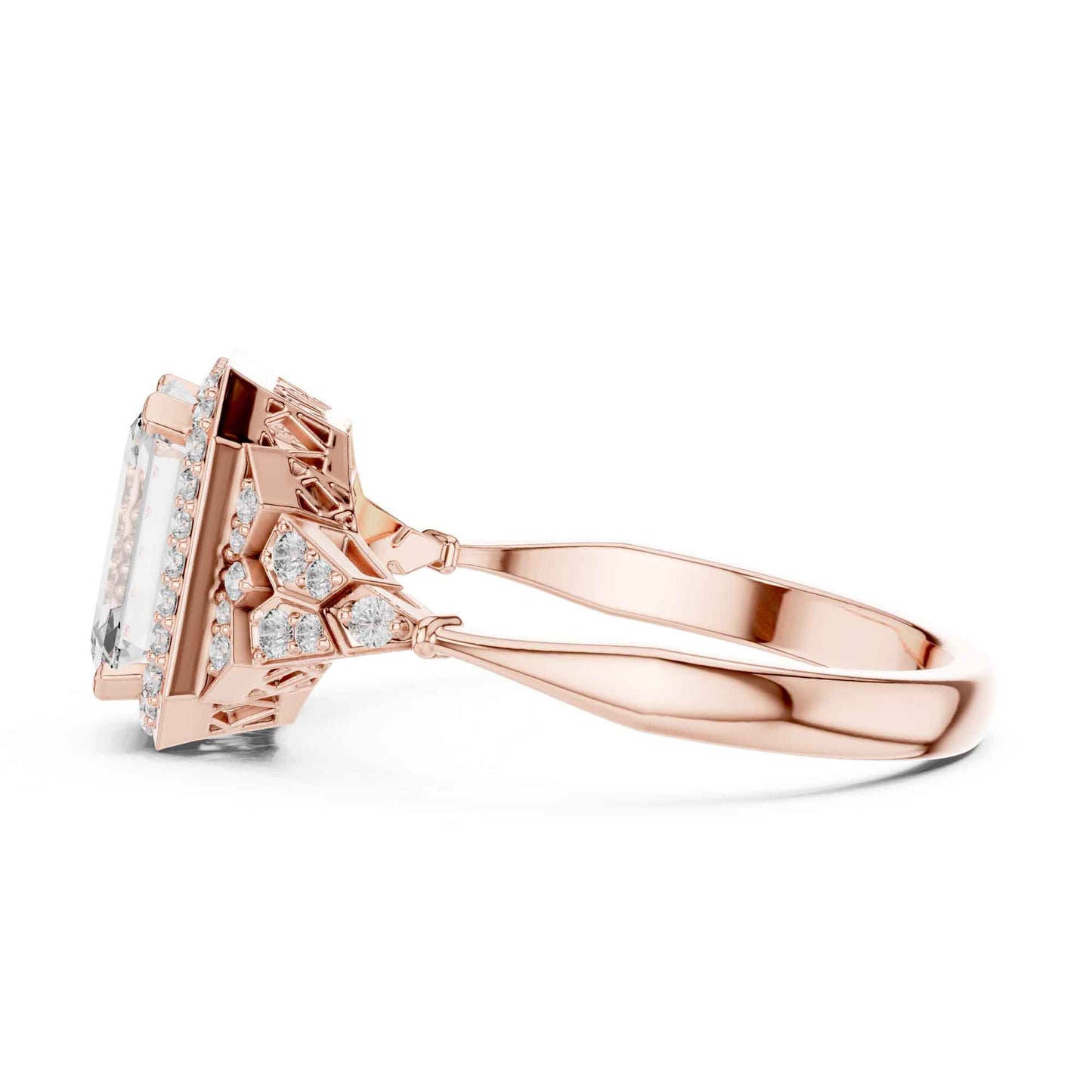 2 Carat Emerald Cut Lab Grown Diamond Halo Engagement Ring with Geometric Side Accents