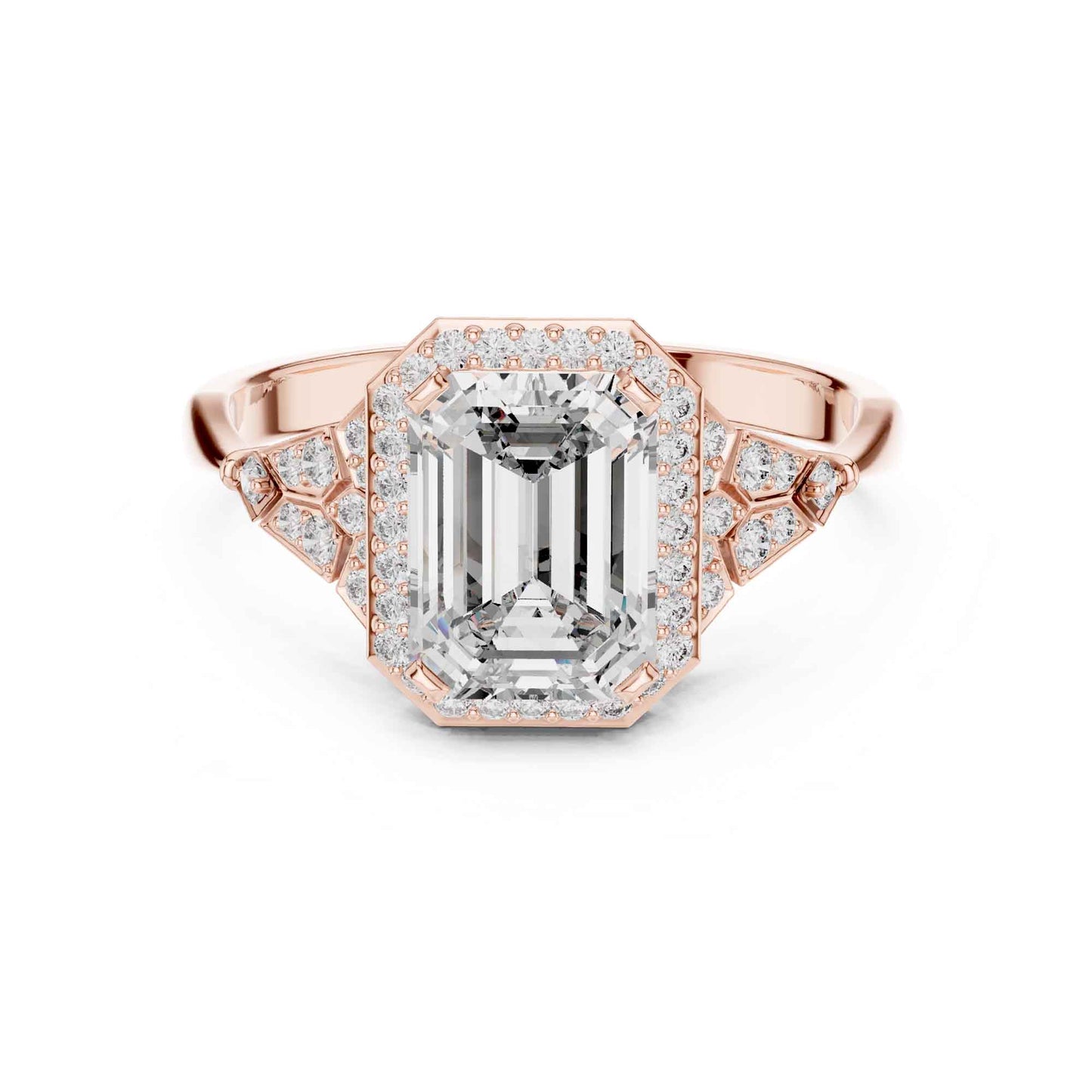 2 Carat Emerald Cut Lab Grown Diamond Halo Engagement Ring with Geometric Side Accents