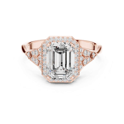 2 Carat Emerald Cut Lab Grown Diamond Halo Engagement Ring with Geometric Side Accents