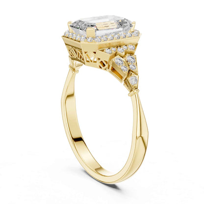 2 Carat Emerald Cut Lab Grown Diamond Halo Engagement Ring with Geometric Side Accents