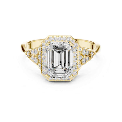 2 Carat Emerald Cut Lab Grown Diamond Halo Engagement Ring with Geometric Side Accents