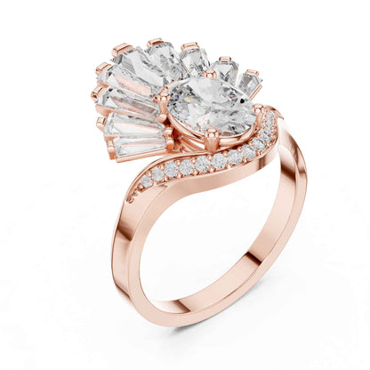 1 Carat Oval Lab Grown Diamond Statement Ring with Baguette Fan Halo