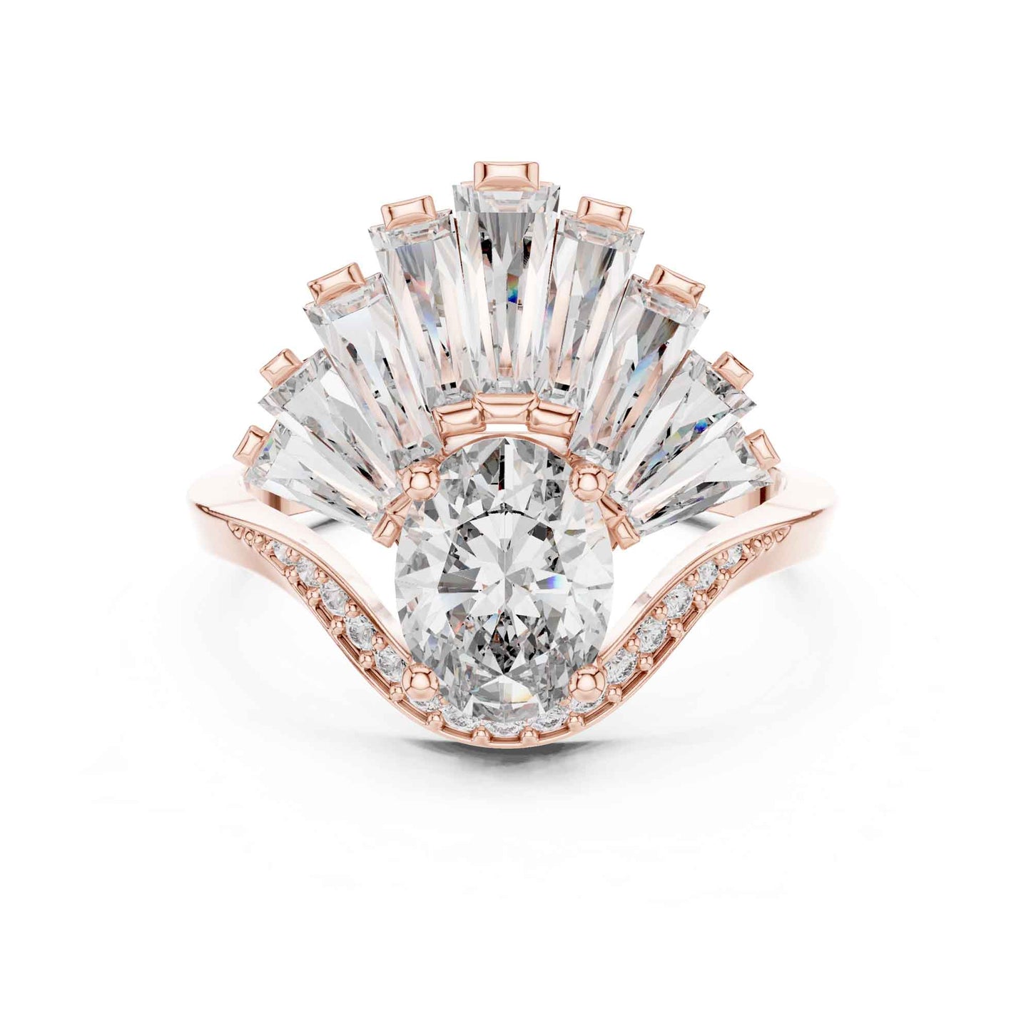 1 Carat Oval Lab Grown Diamond Statement Ring with Baguette Fan Halo