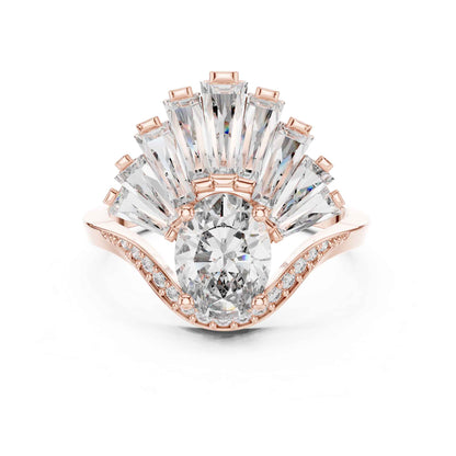 1 Carat Oval Lab Grown Diamond Statement Ring with Baguette Fan Halo