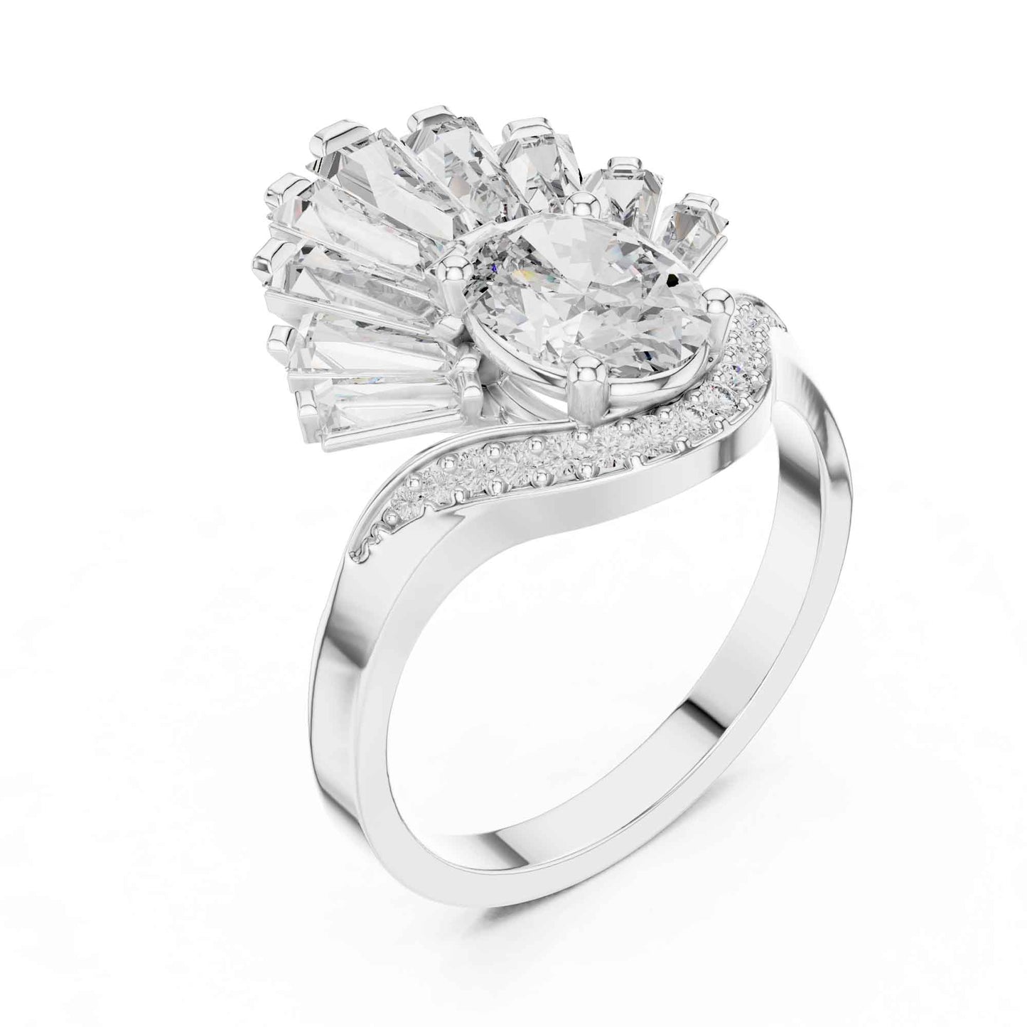 1 Carat Oval Lab Grown Diamond Statement Ring with Baguette Fan Halo