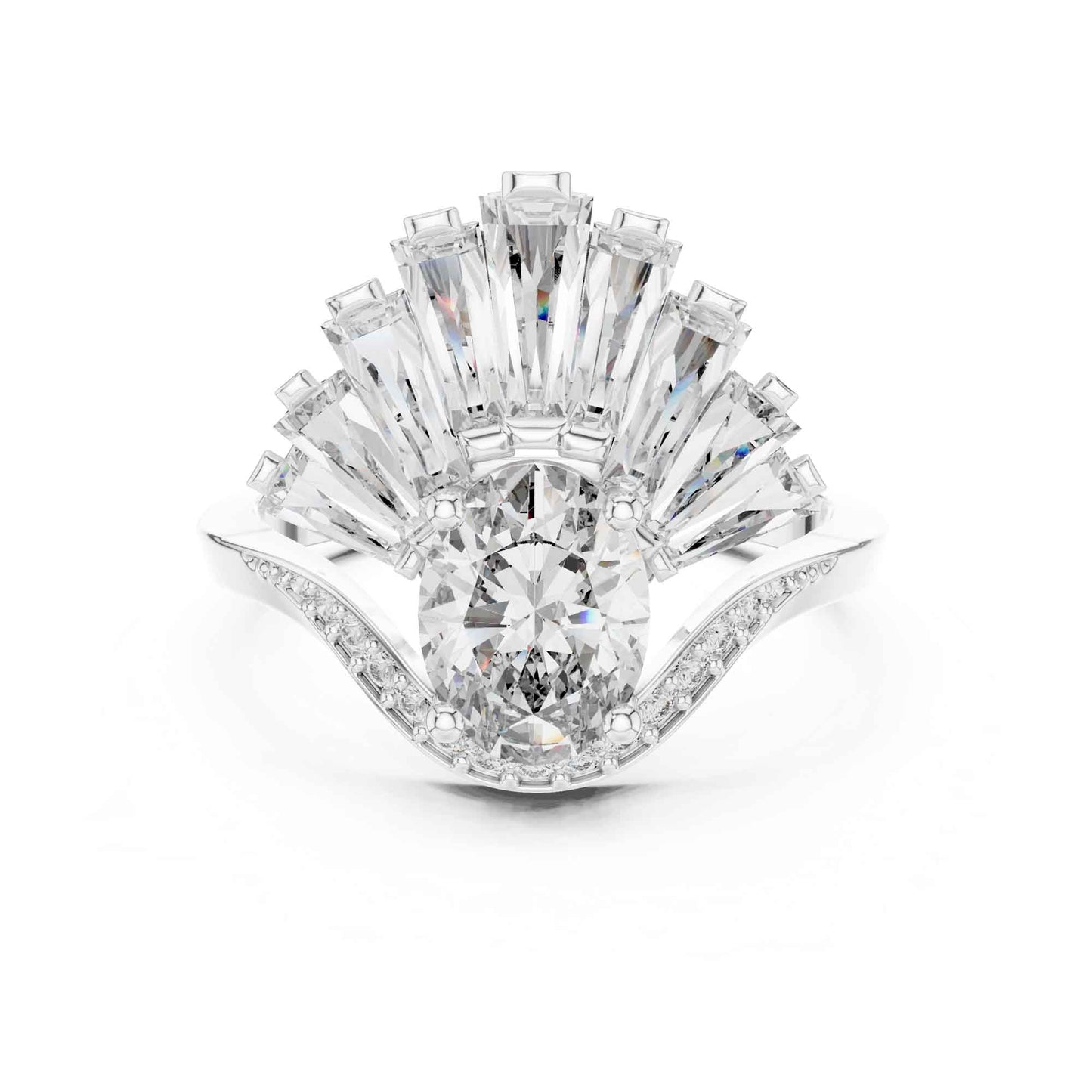 1 Carat Oval Lab Grown Diamond Statement Ring with Baguette Fan Halo
