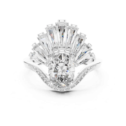 1 Carat Oval Lab Grown Diamond Statement Ring with Baguette Fan Halo