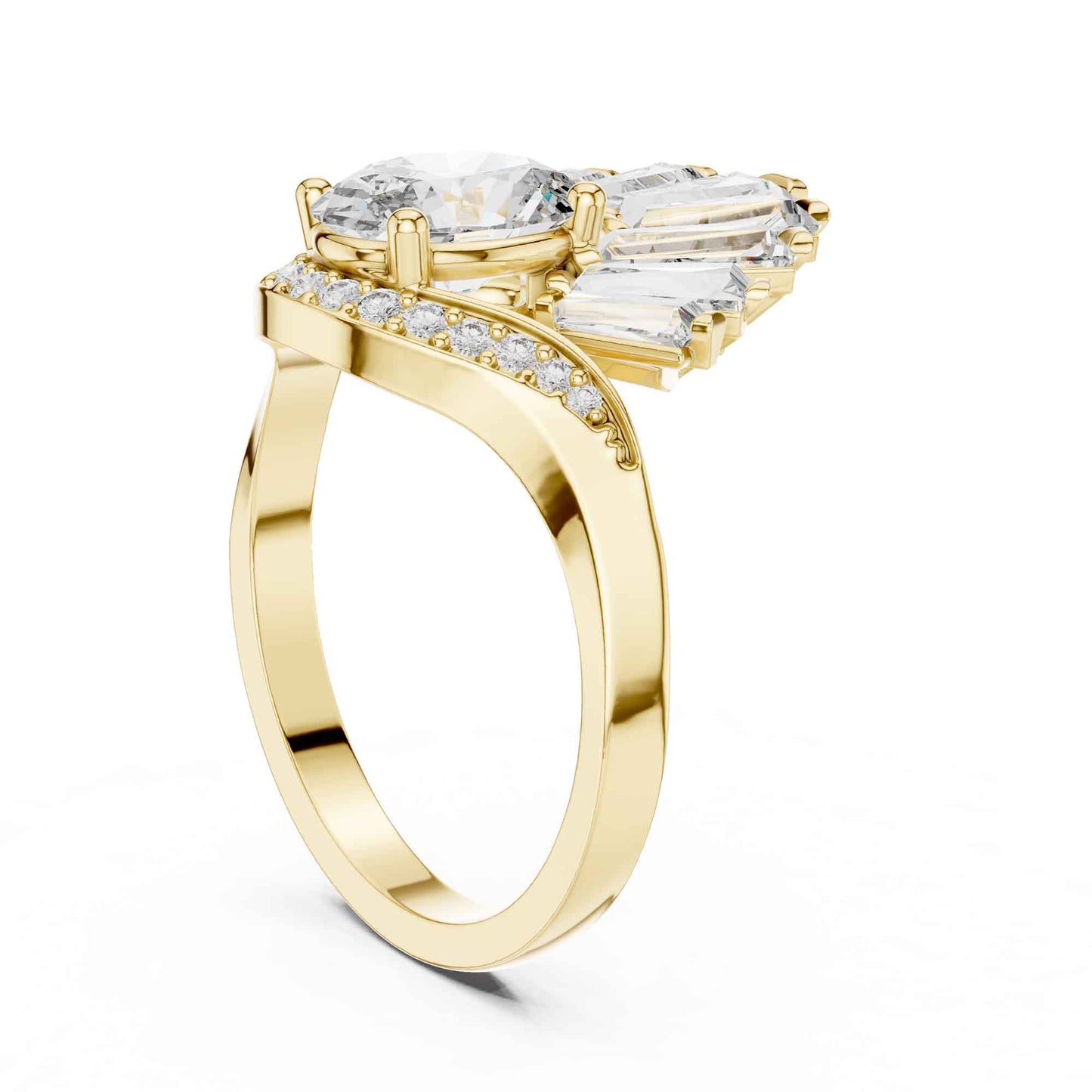 1 Carat Oval Lab Grown Diamond Statement Ring with Baguette Fan Halo