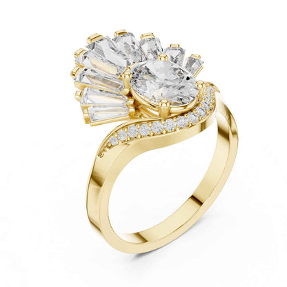 1 Carat Oval Lab Grown Diamond Statement Ring with Baguette Fan Halo