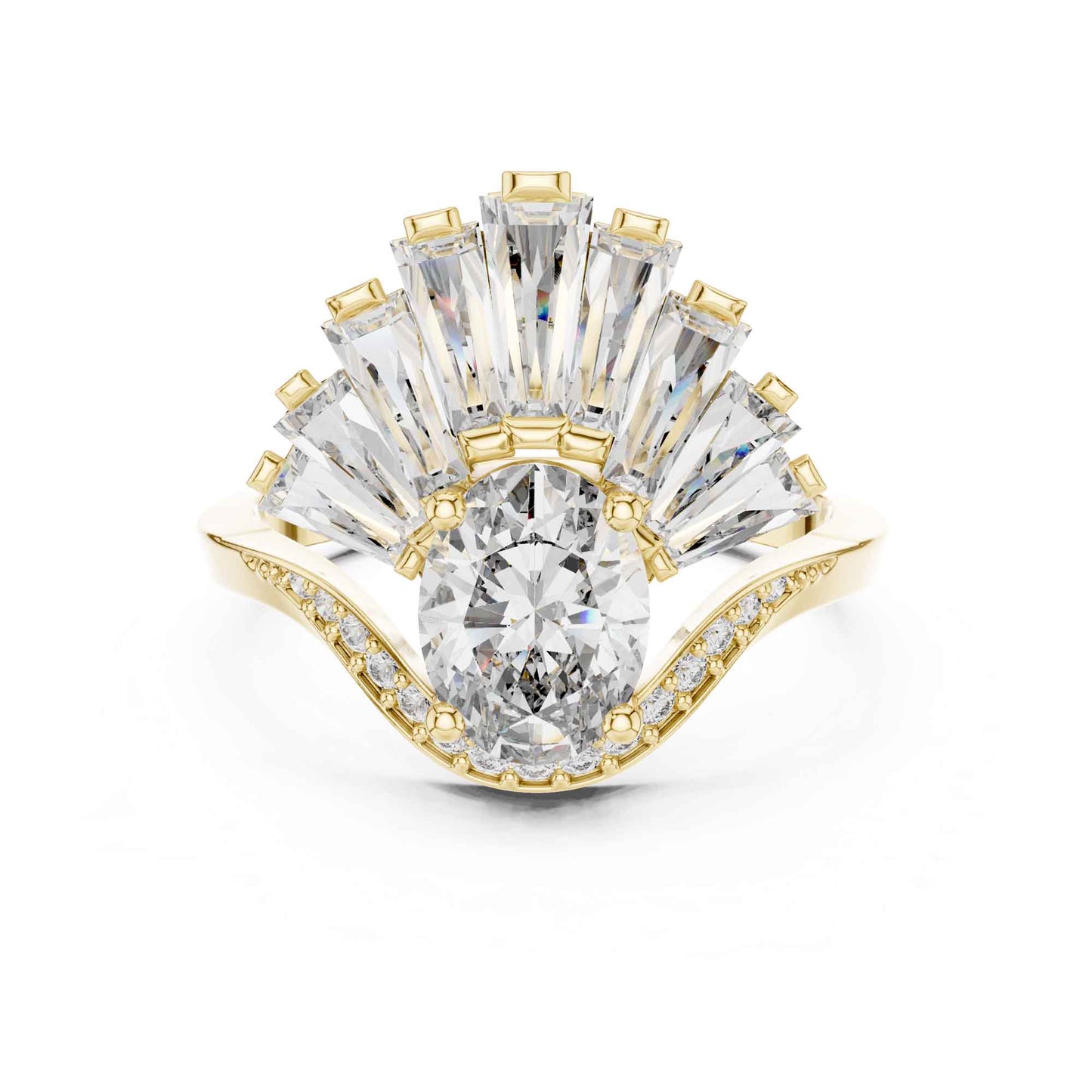 1 Carat Oval Lab Grown Diamond Statement Ring with Baguette Fan Halo