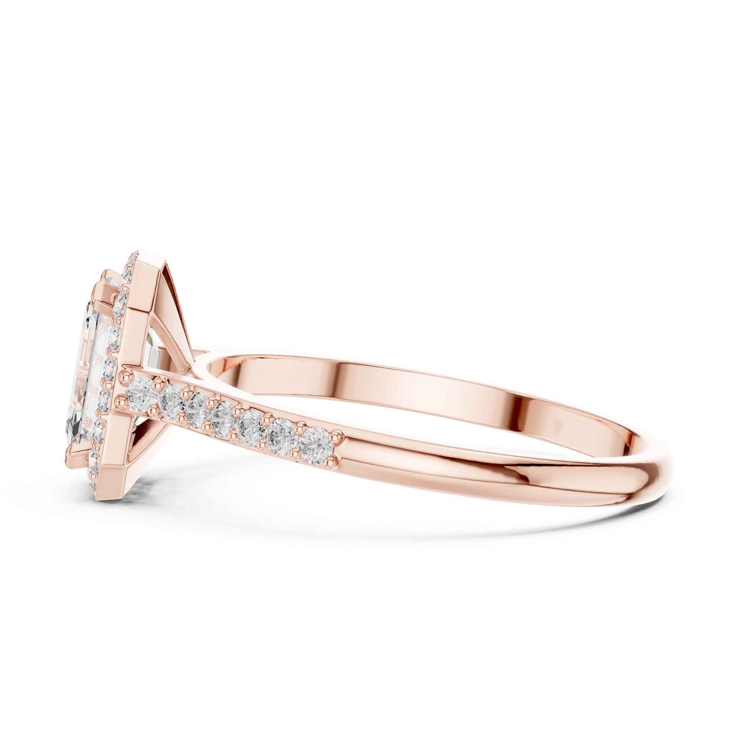 1 Carat Emerald Cut Lab Grown Diamond Halo Engagement Ring with Pavé Band