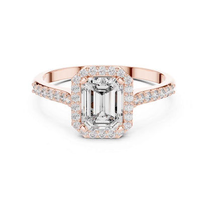 1 Carat Emerald Cut Lab Grown Diamond Halo Engagement Ring with Pavé Band