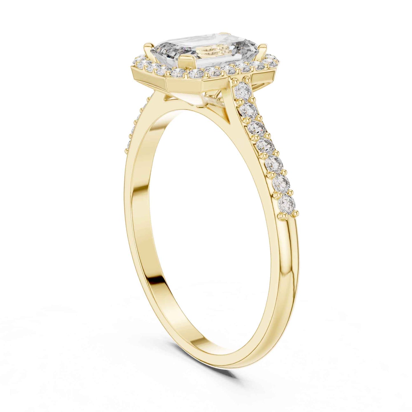 1 Carat Emerald Cut Lab Grown Diamond Halo Engagement Ring with Pavé Band