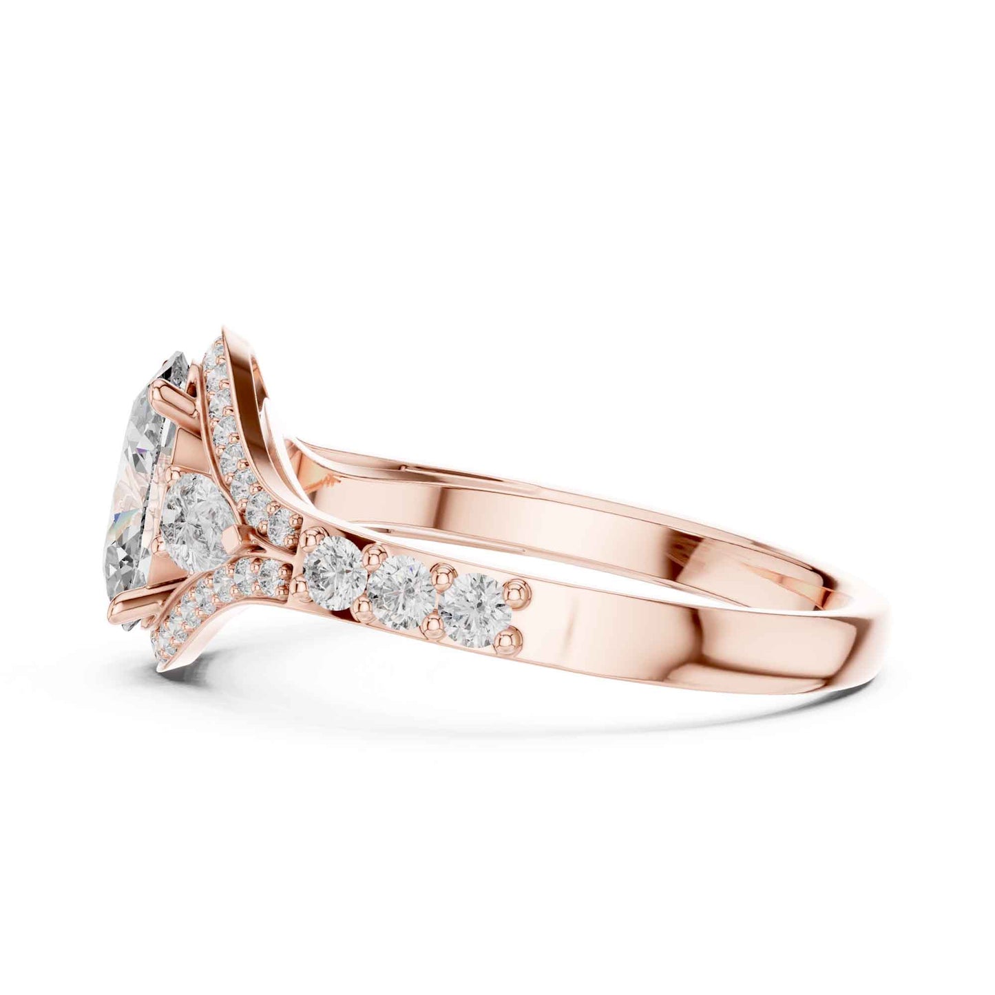 1 Carat Oval Lab Grown Diamond Engagement Ring with Curved Halo and Side Stones