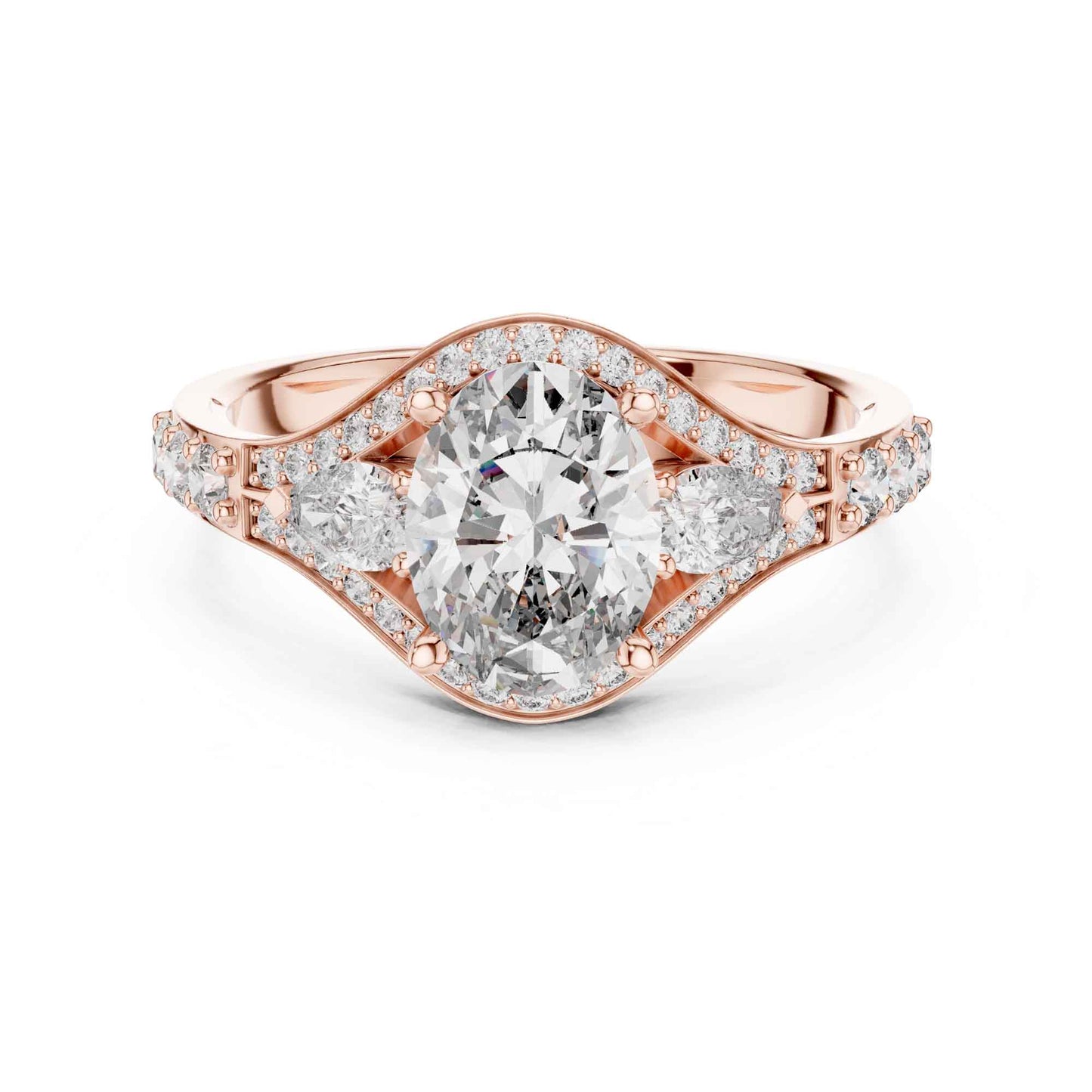 1 Carat Oval Lab Grown Diamond Engagement Ring with Curved Halo and Side Stones